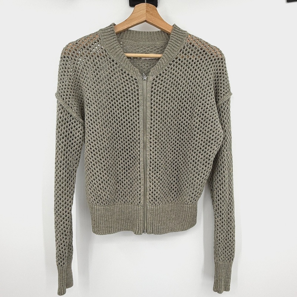 Pilcro Anthropologie Open Knit Zip Front Bomber Cardigan Sweater Moss XS